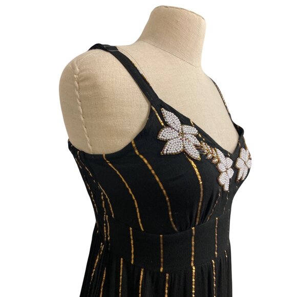 Ananta Black & Gold Striped Midi Dress With Floral Embellishments S/M - Picture 6 of 11